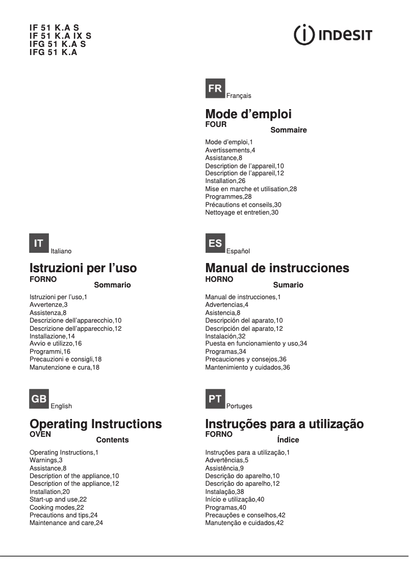 Page 1 de la notice Manuel utilisateur Indesit IFG 51 K.A S