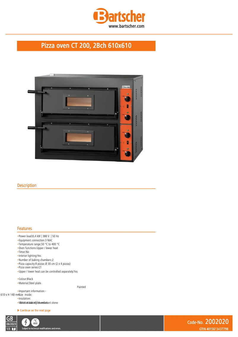 Page n°1 - Fiche technique Bartscher CT 100