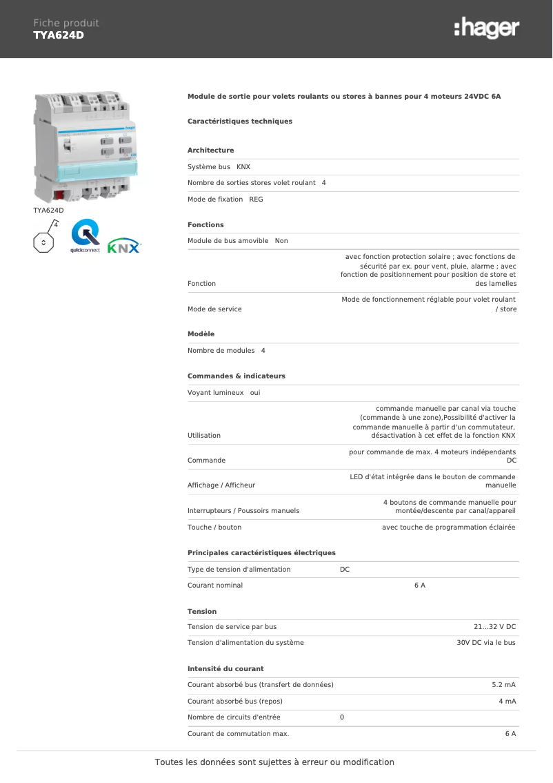 Page 1 de la notice Fiche technique Hager TYA624D