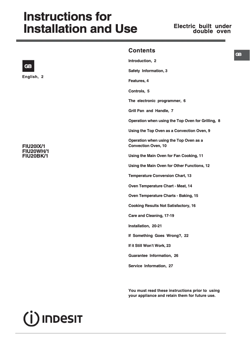 Page n°1 - Manuel utilisateur Indesit FIU20IX