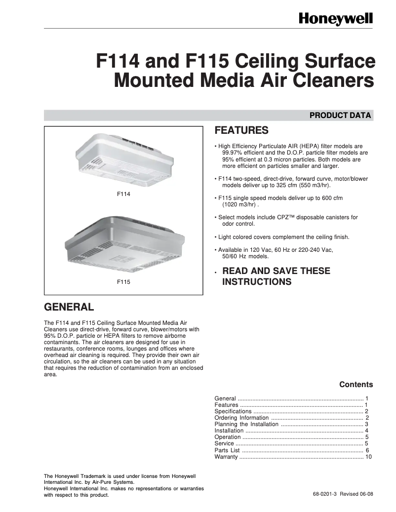 Page 1 de la notice Mode d'emploi Honeywell F114C1008