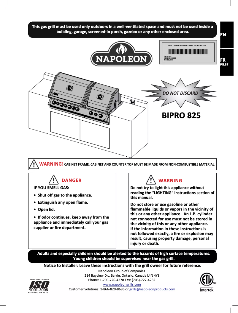 Page n°1 - Manuel d'utilisation et d'entretien Napoleon Prestige PRO 825