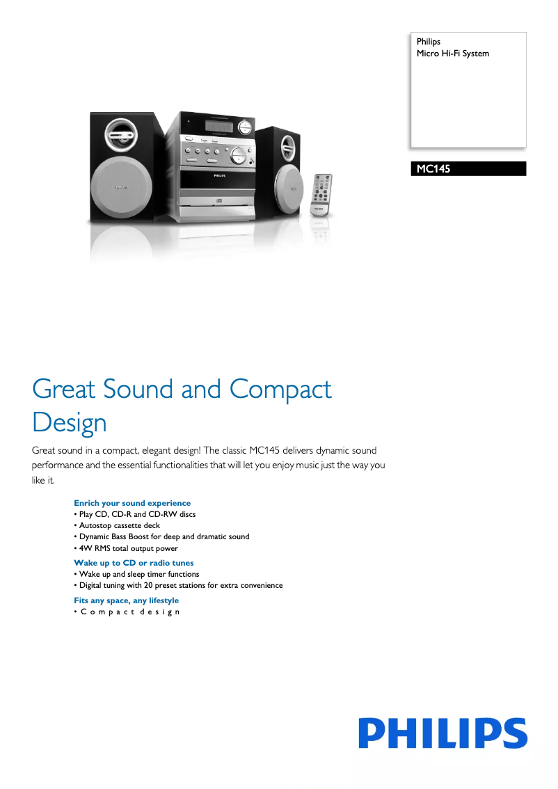 Page 1 de la notice Brochure Philips MC145 Micro Hi-Fi System