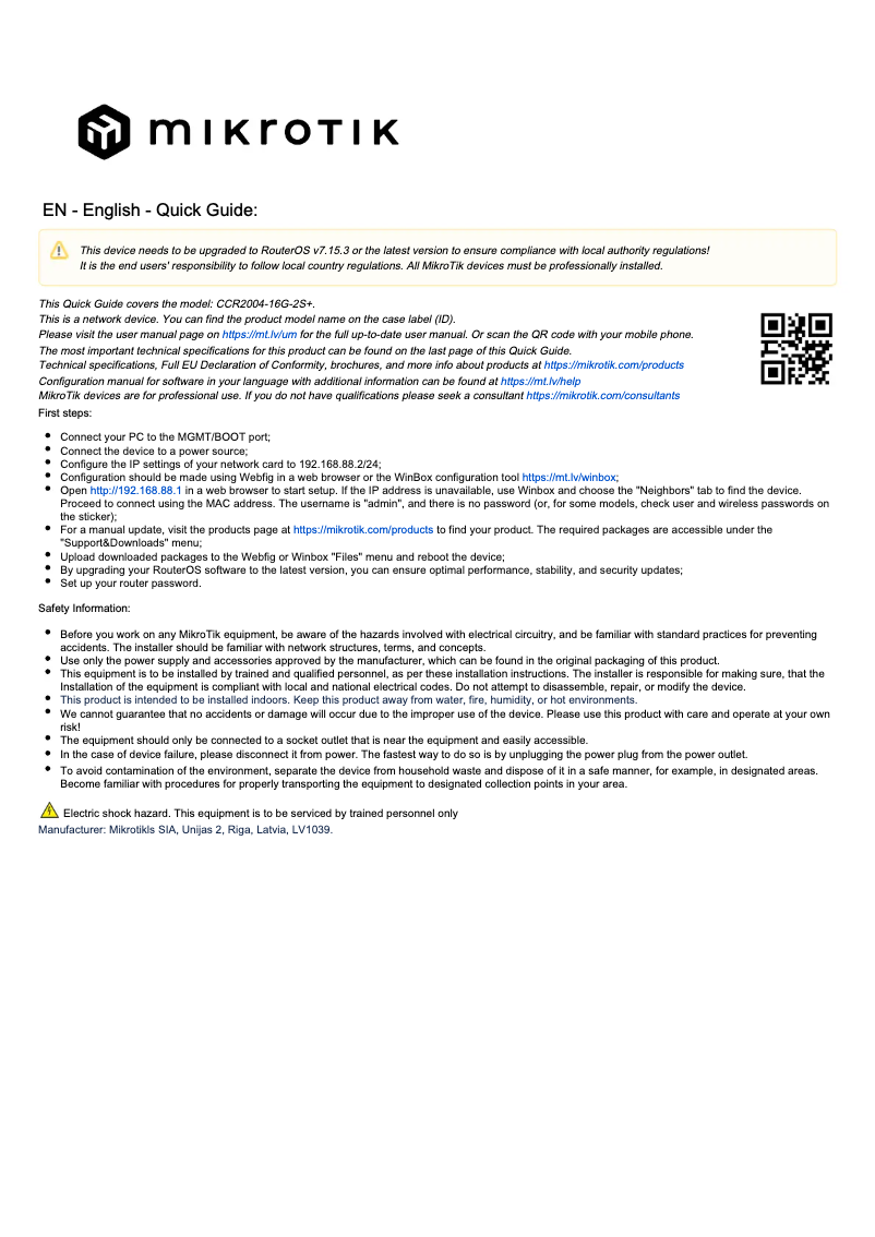 Page n°1 - Manuel utilisateur Mikrotik CCR2004-16G-2S+