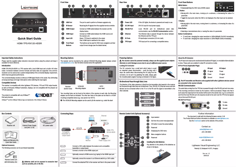 Page 1 de la notice Manuel utilisateur Lightware HDMI-TPS-RX120-HDSR