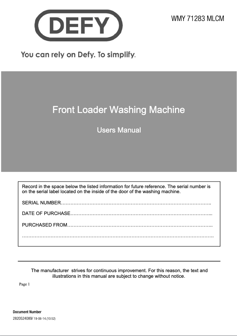 Page n°1 - Manuel utilisateur Defy WMY 71283 MLCM
