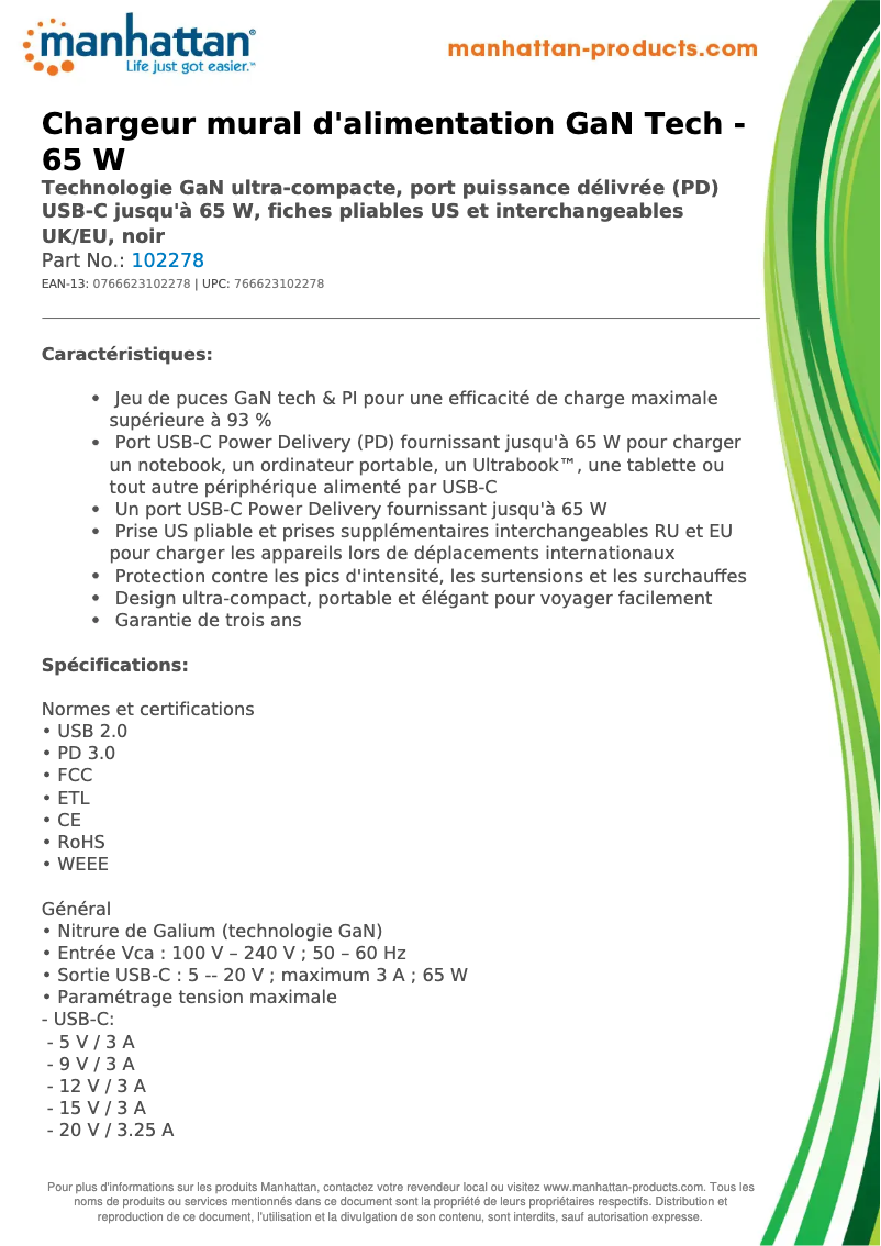 Page 1 de la notice Fiche technique Manhattan 102278