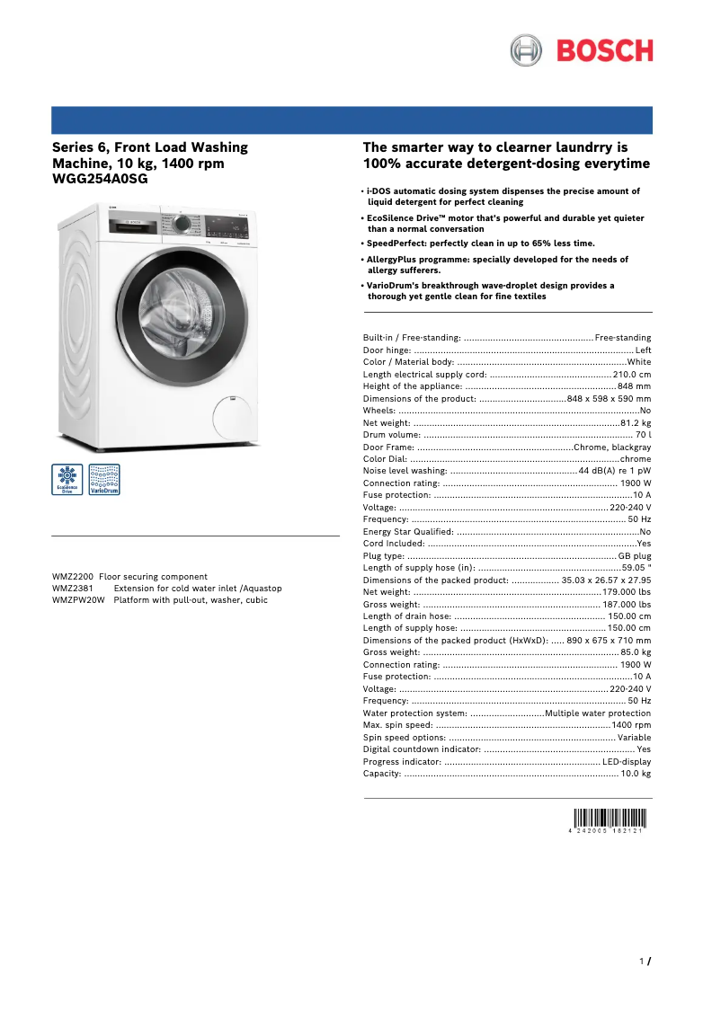 Page n°1 - Fiche technique Bosch WGG254A0SG