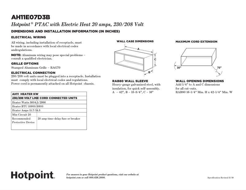 Page 1 de la notice Fiche technique Hotpoint AH11E07D3B