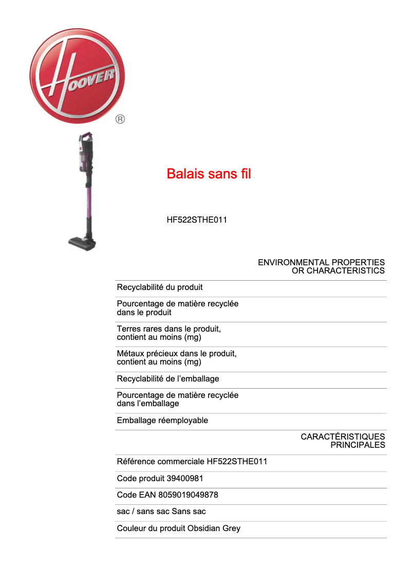 Página 1 del manual Ficha técnica Hoover H-FREE 500 HF522STHE011