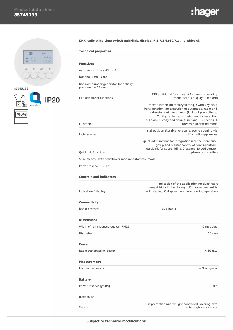 Page n°1 - Fiche technique Hager 85745139