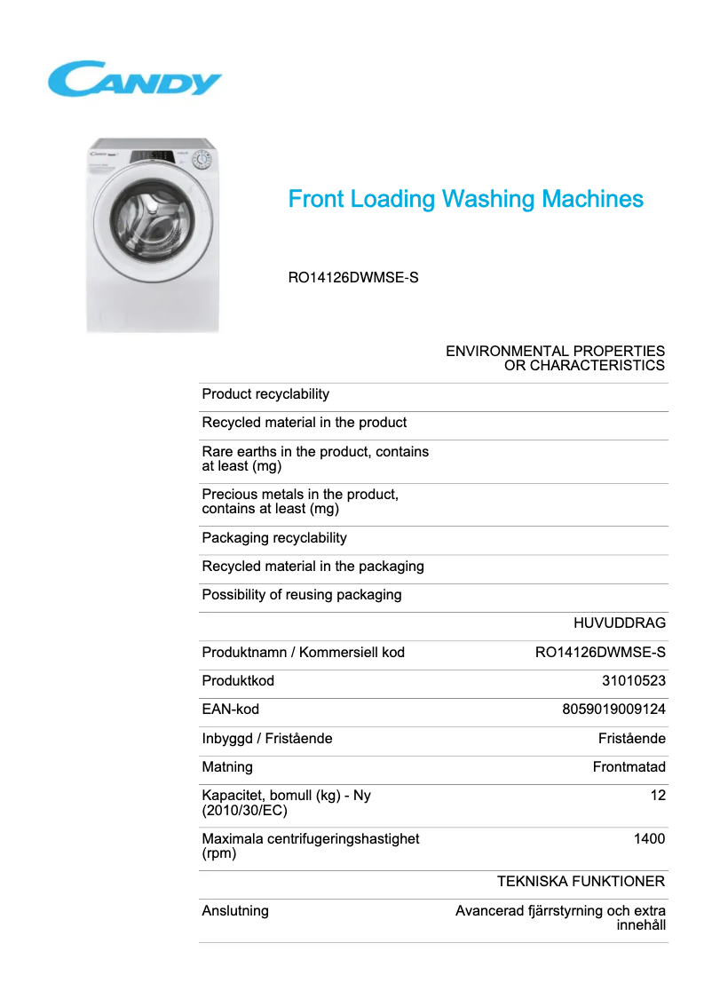 Page 1 de la notice Fiche technique Candy RO14126DWMSE-S