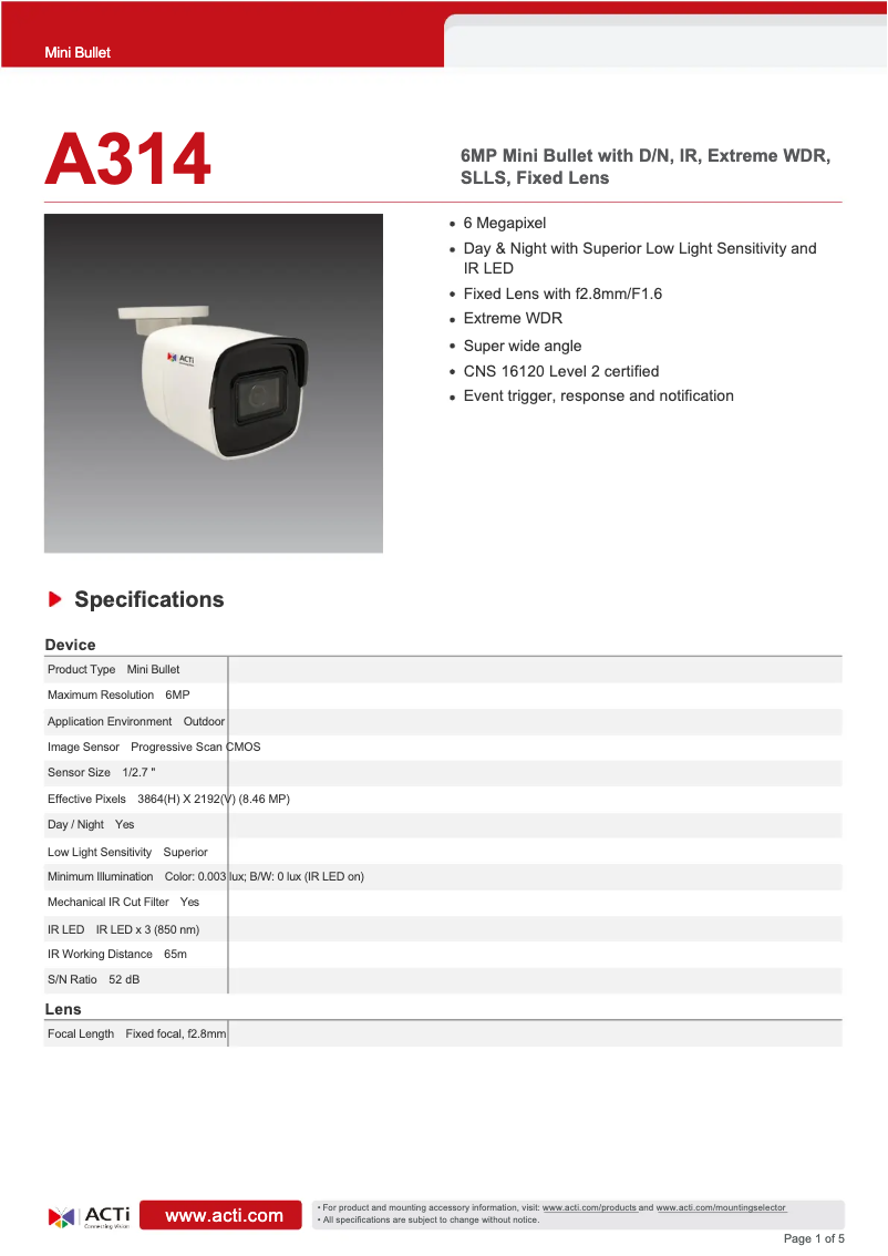Page 1 de la notice Fiche technique ACTi A314