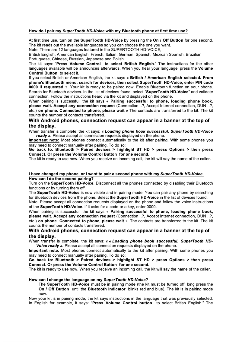 Page 1 de la notice Manuel utilisateur SuperTooth HD-Voice