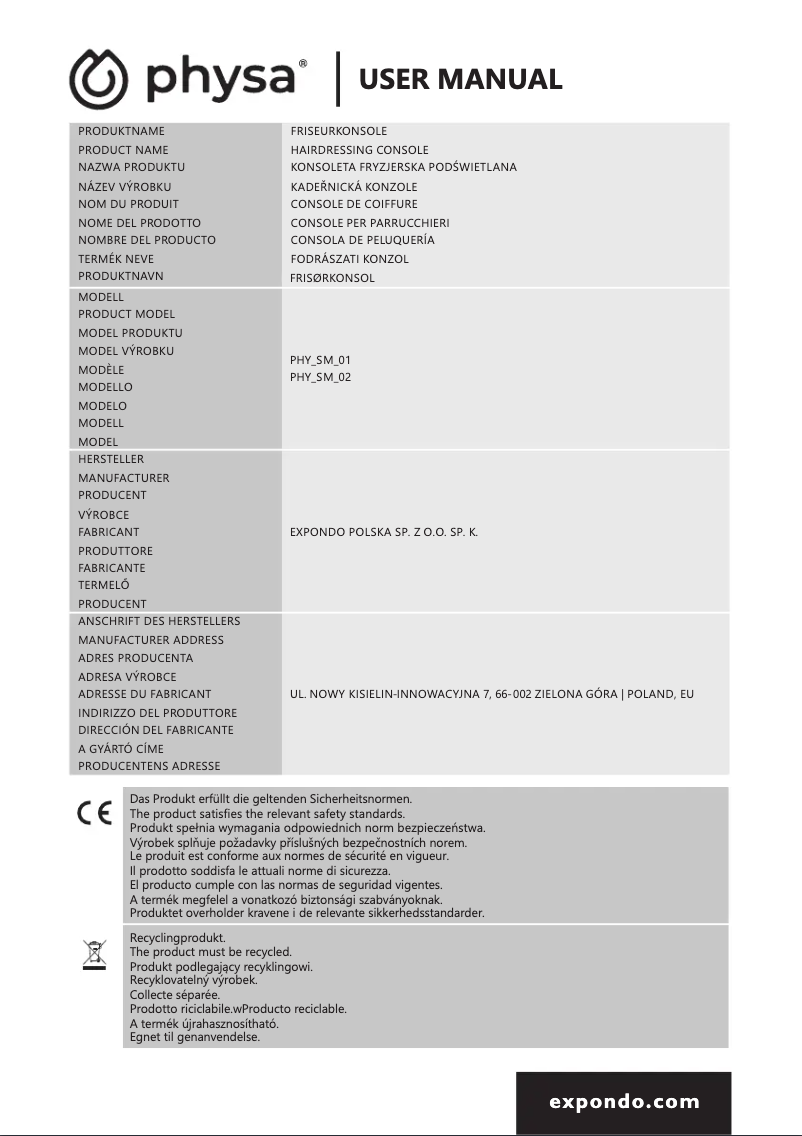 Page 1 de la notice Manuel utilisateur Physa PHY_SM_02