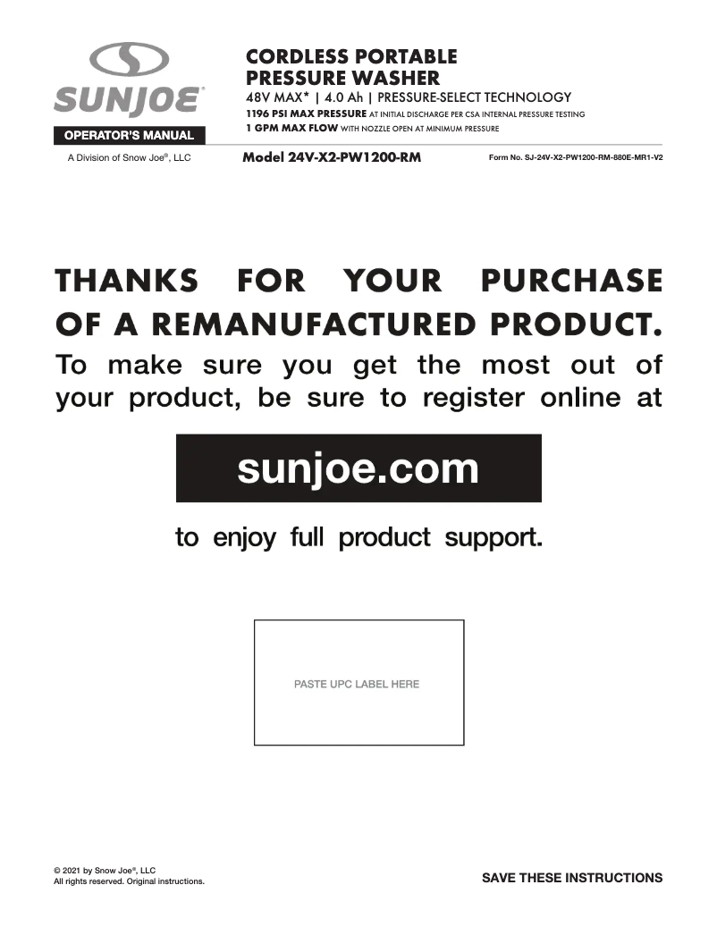 Page 1 de la notice Manuel utilisateur Sun Joe 24V-X2-PW1200-RM