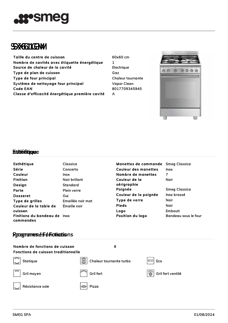 Page 1 de la notice Fiche technique Smeg SX61GM