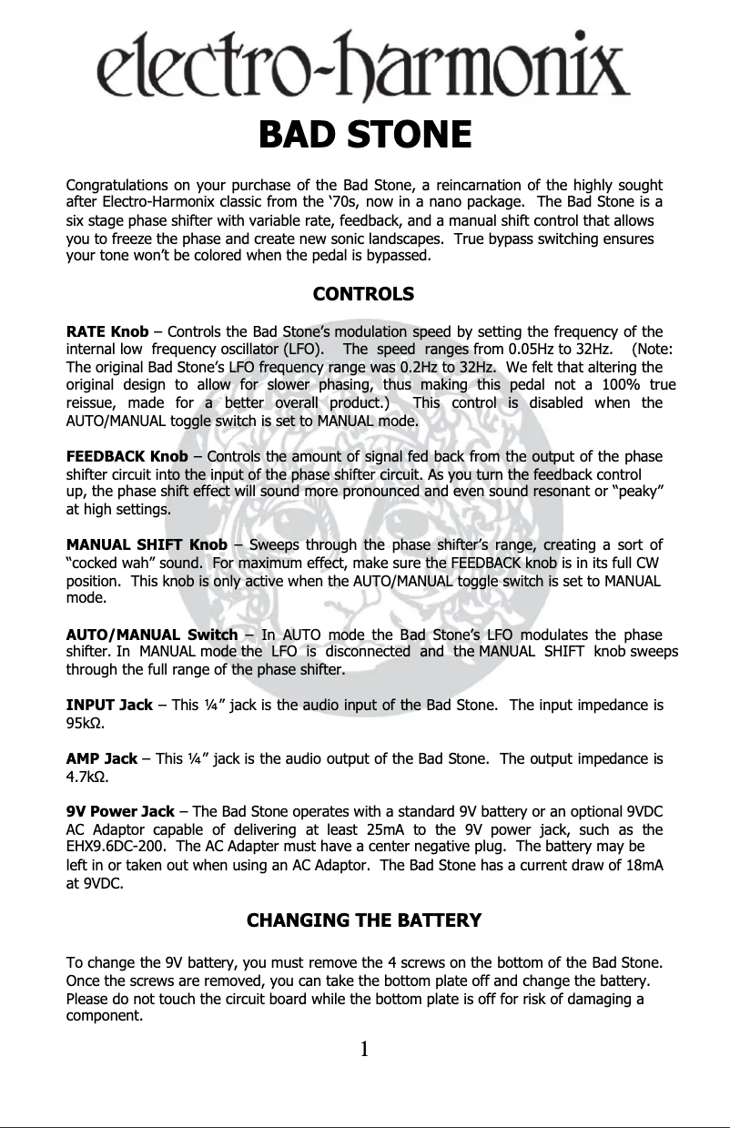 Page 1 de la notice Manuel utilisateur Electro Harmonix Bad Stone