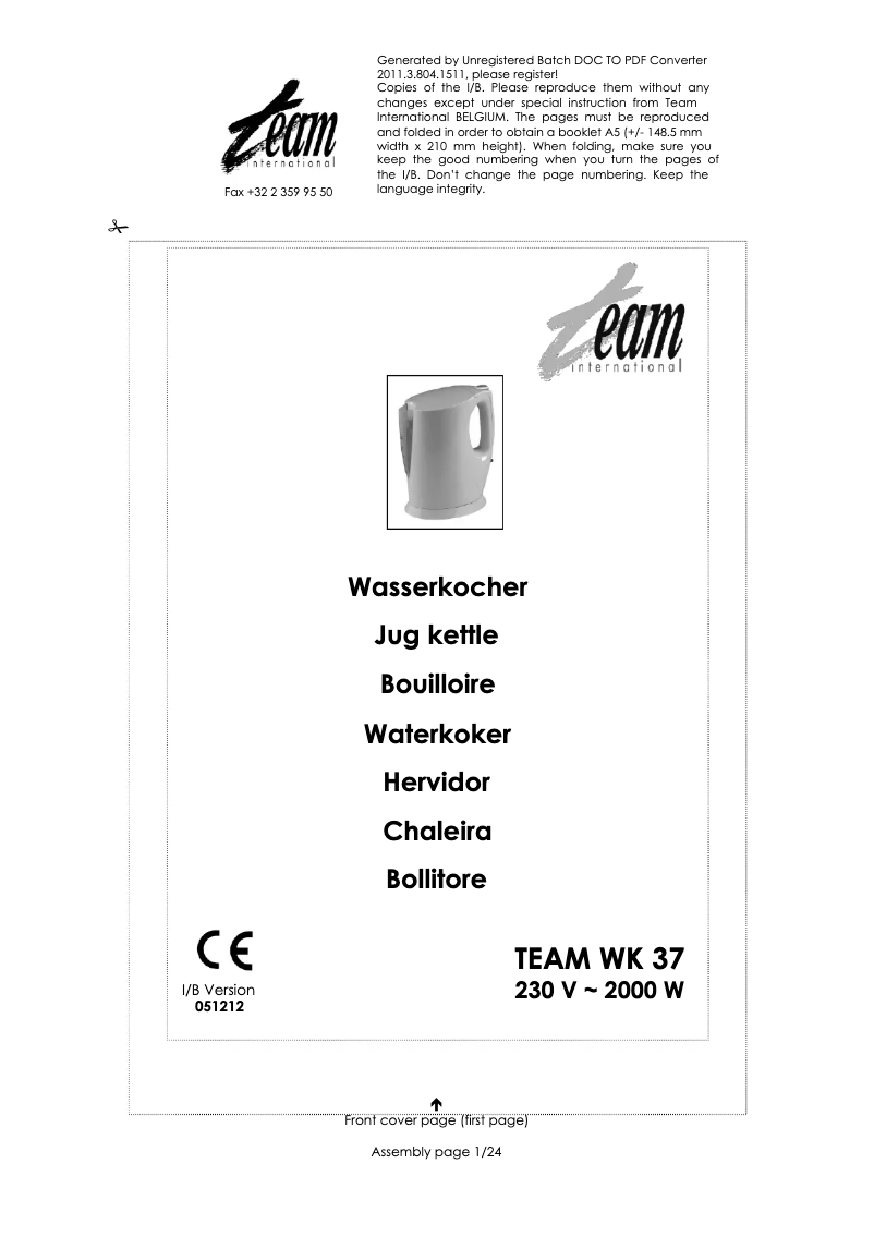 Page 1 de la notice Manuel utilisateur Team WK 37