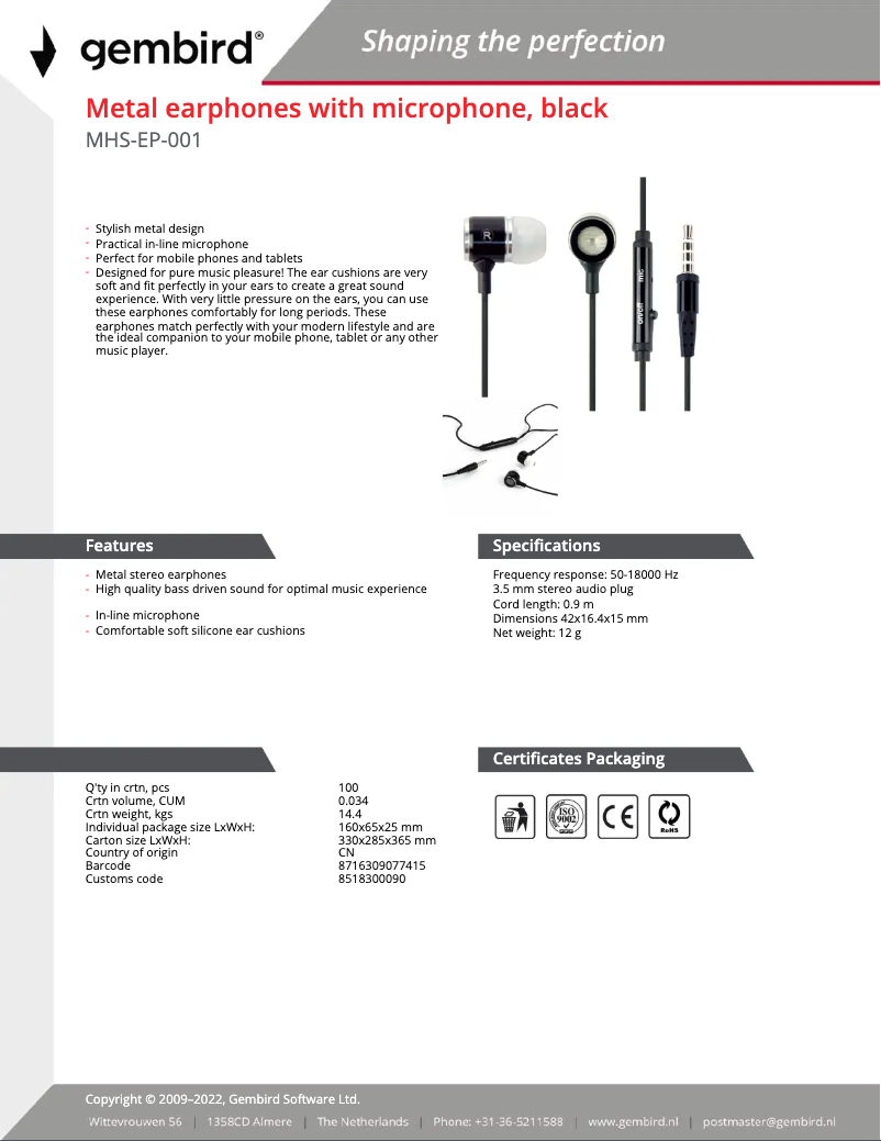 Page 1 de la notice Manuel utilisateur Gembird MHS-EP-001