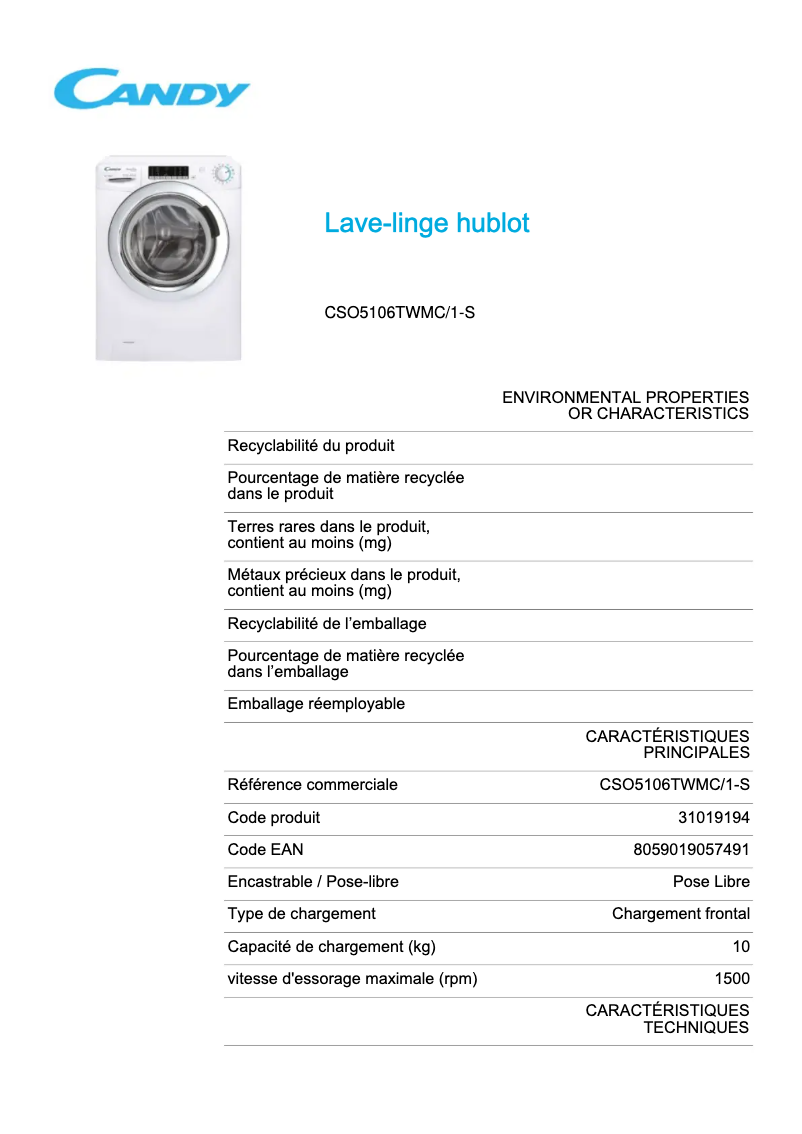 Page n°1 - Fiche technique Candy CSO5106TWMC/1-S