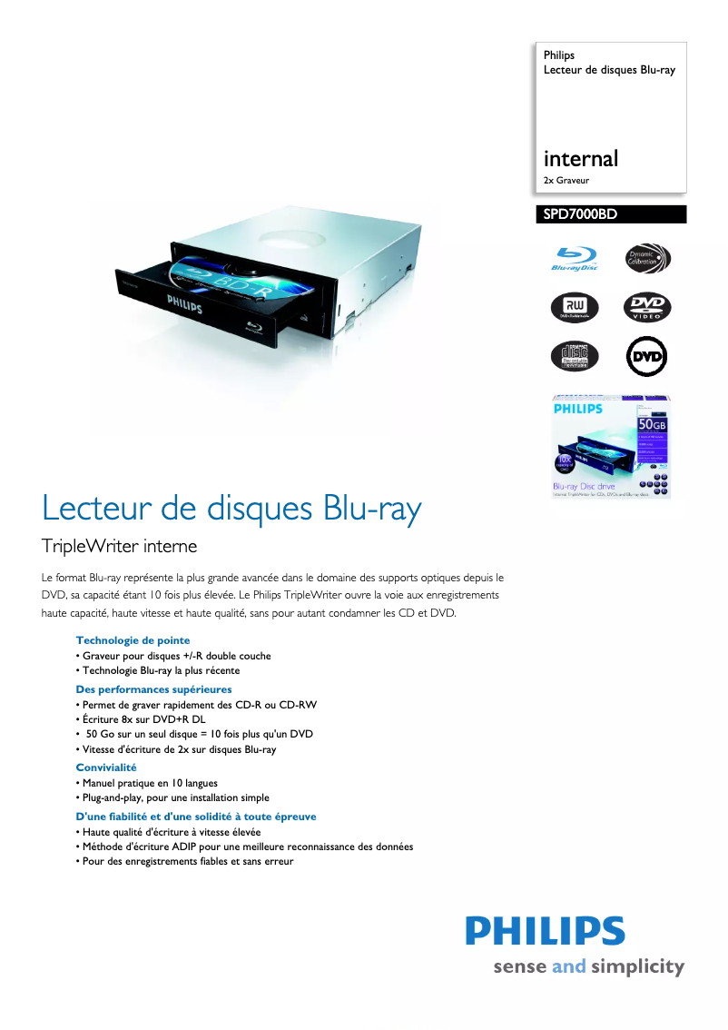 Page 1 de la notice Fiche technique Philips SPD7000BD