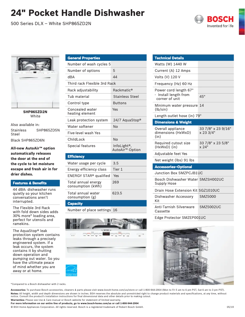 Page 1 de la notice Fiche technique Bosch SHP865ZD2N