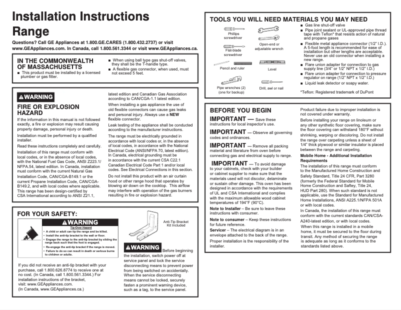 Page n°1 - Guide d'installation GE JGBS30DEKWW