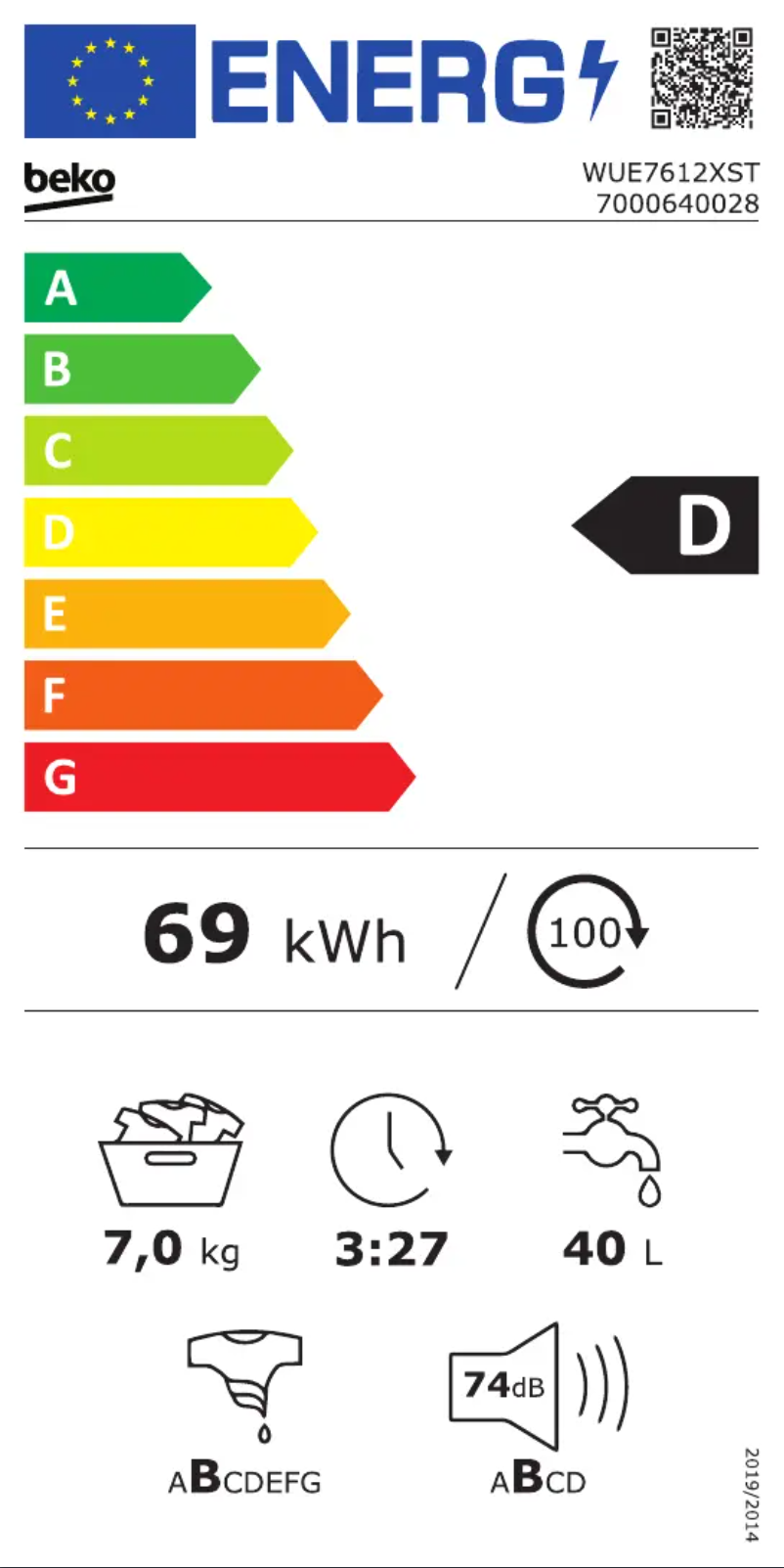 Page 1 de la notice Label énergétique Beko WUE7612XST