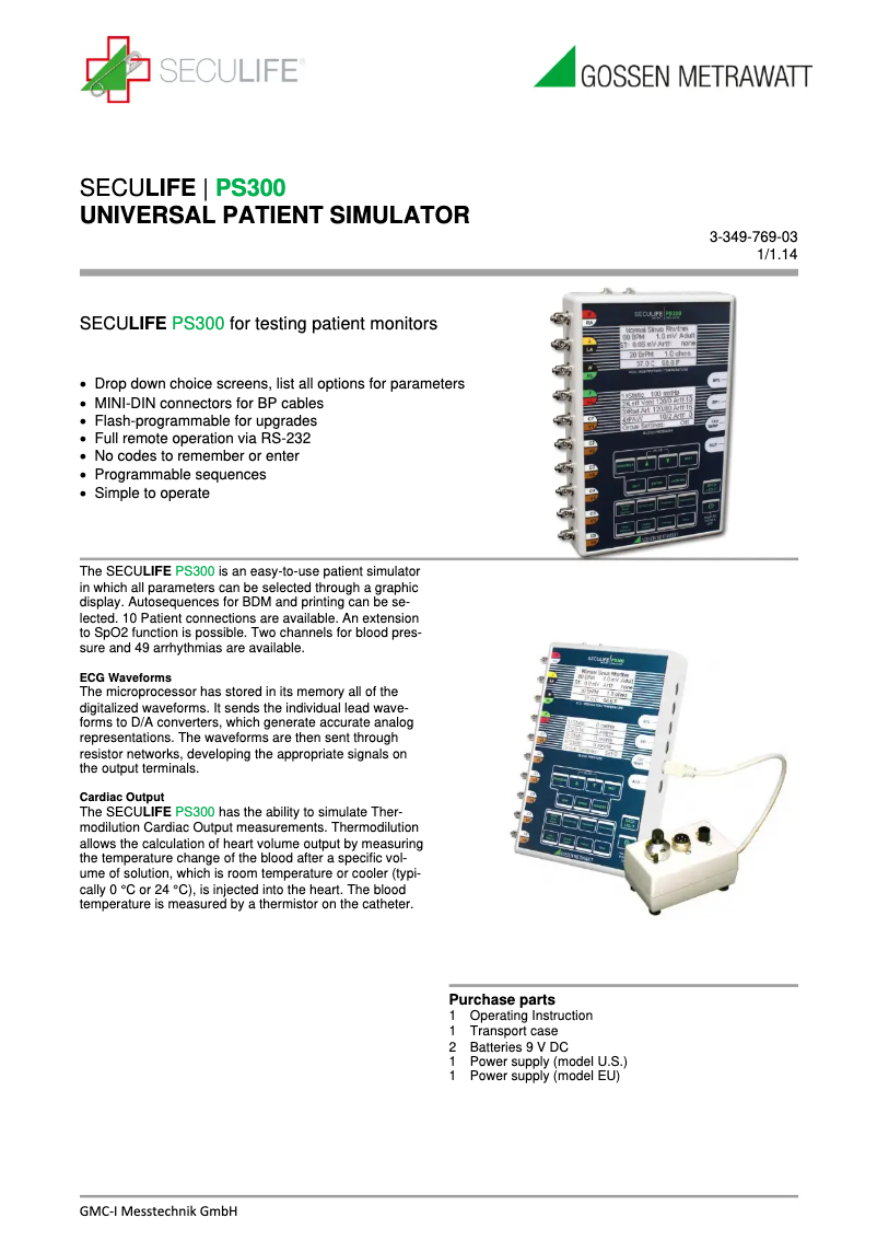 Page 1 de la notice Fiche technique Gossen Metrawatt SECULIFE PS300