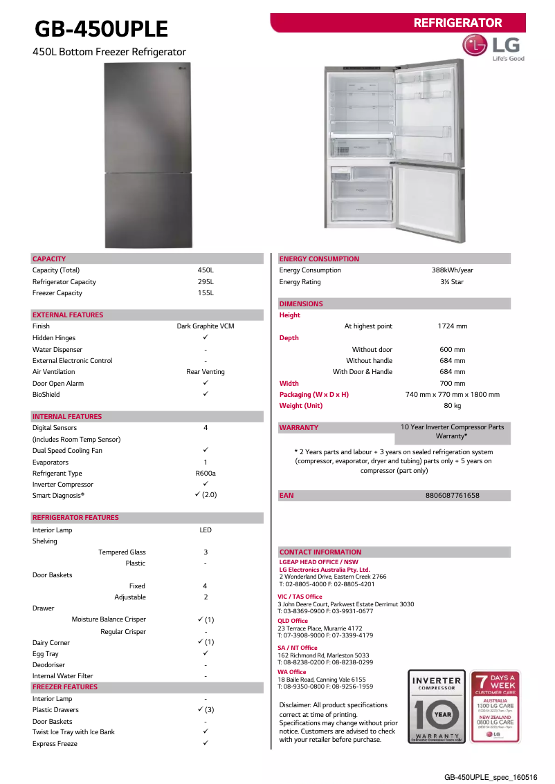 Página 1 del manual Ficha técnica LG GB-450UPLE