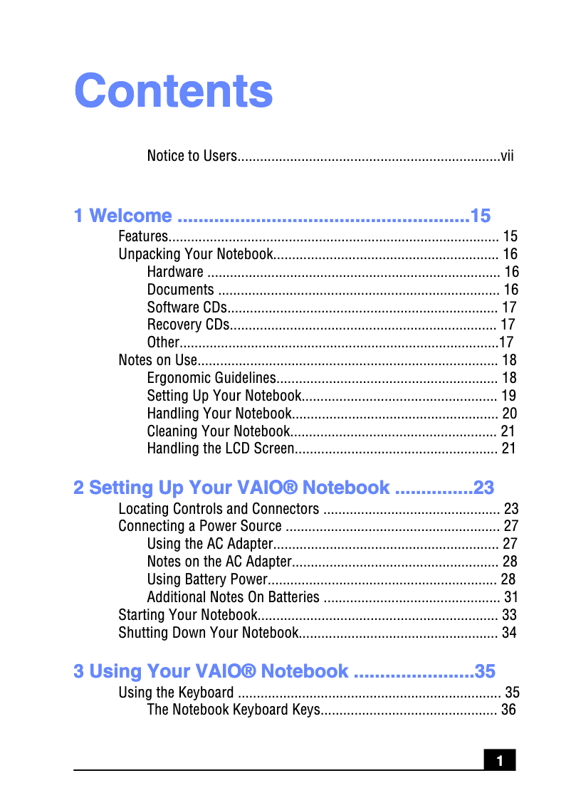 Image de la première page du manuel de l'appareil Vaio PCG-R505TL
