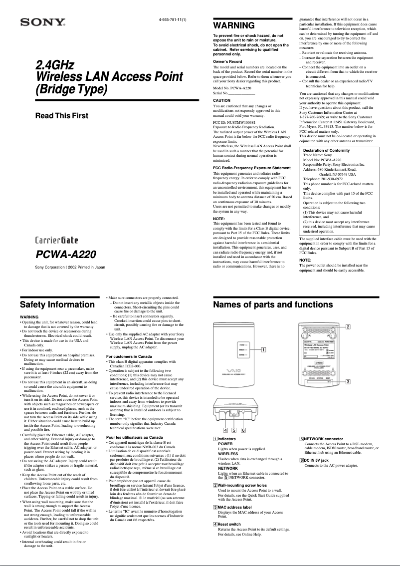 Image de la première page du manuel de l'appareil PCWA-A220