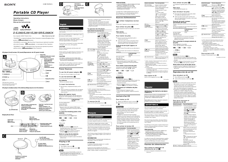Page 1 de la notice Manuel utilisateur Sony Discman D-EJ360