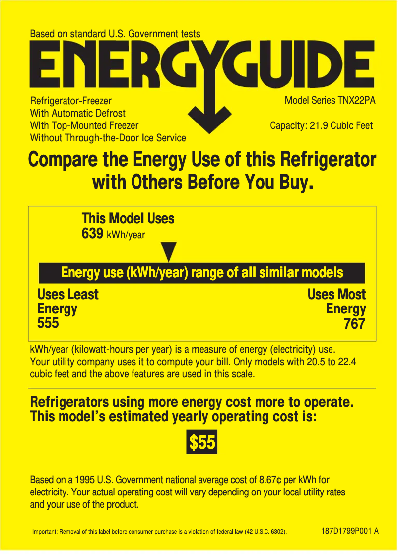 Page 1 de la notice Label énergétique GE Profile Performance TNX22PACRWW