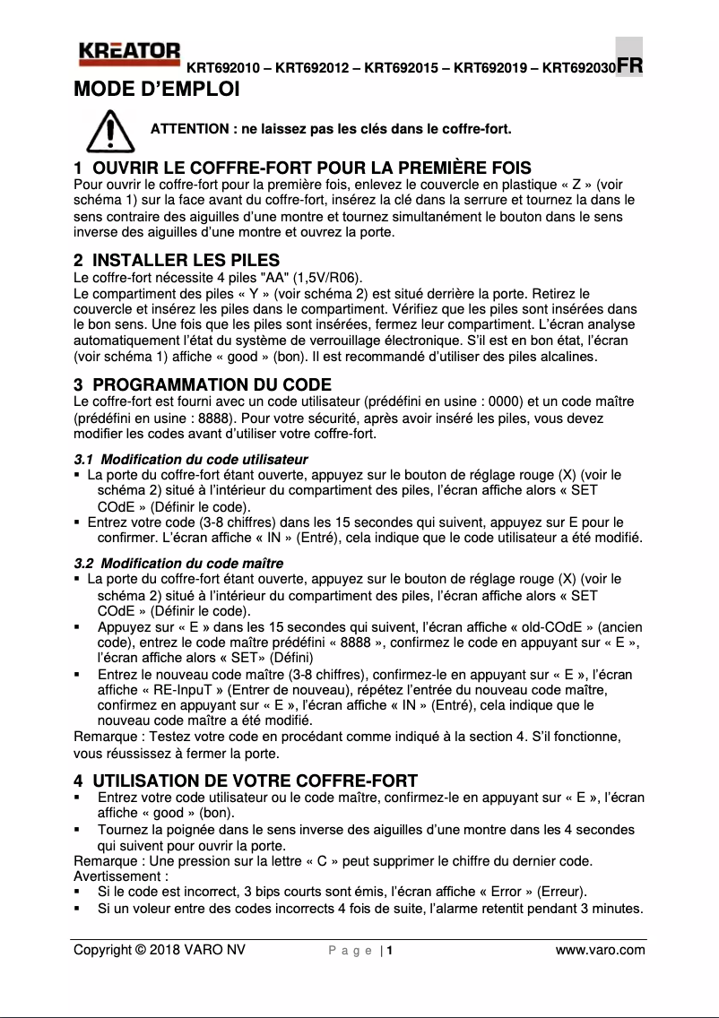 Page 1 de la notice Manuel utilisateur Kreator KRT692030