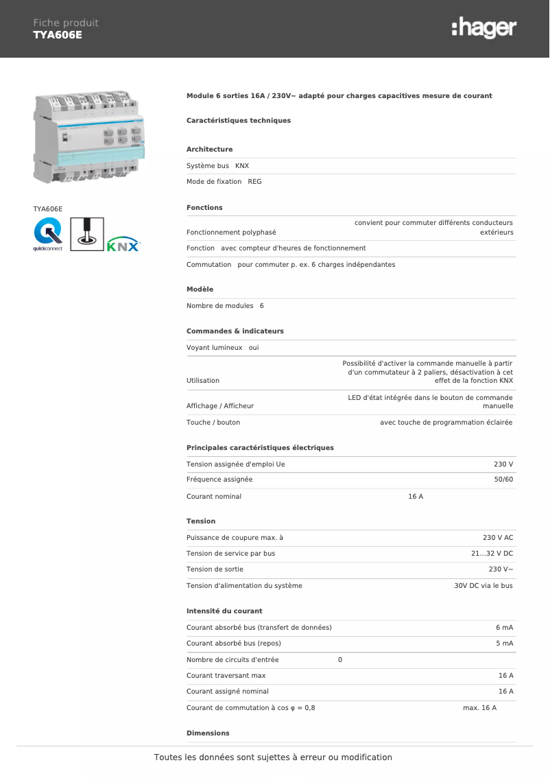 Page 1 de la notice Fiche technique Hager TYA606E