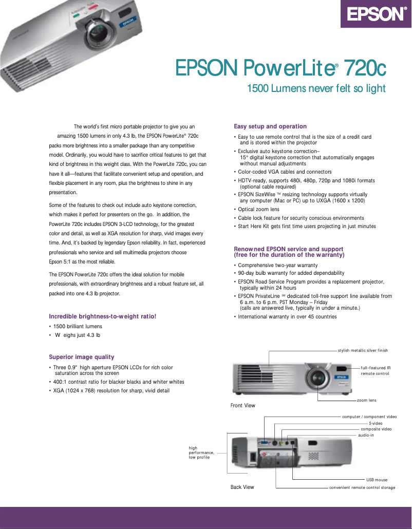 Page 1 de la notice Brochure Epson PowerLite 720c