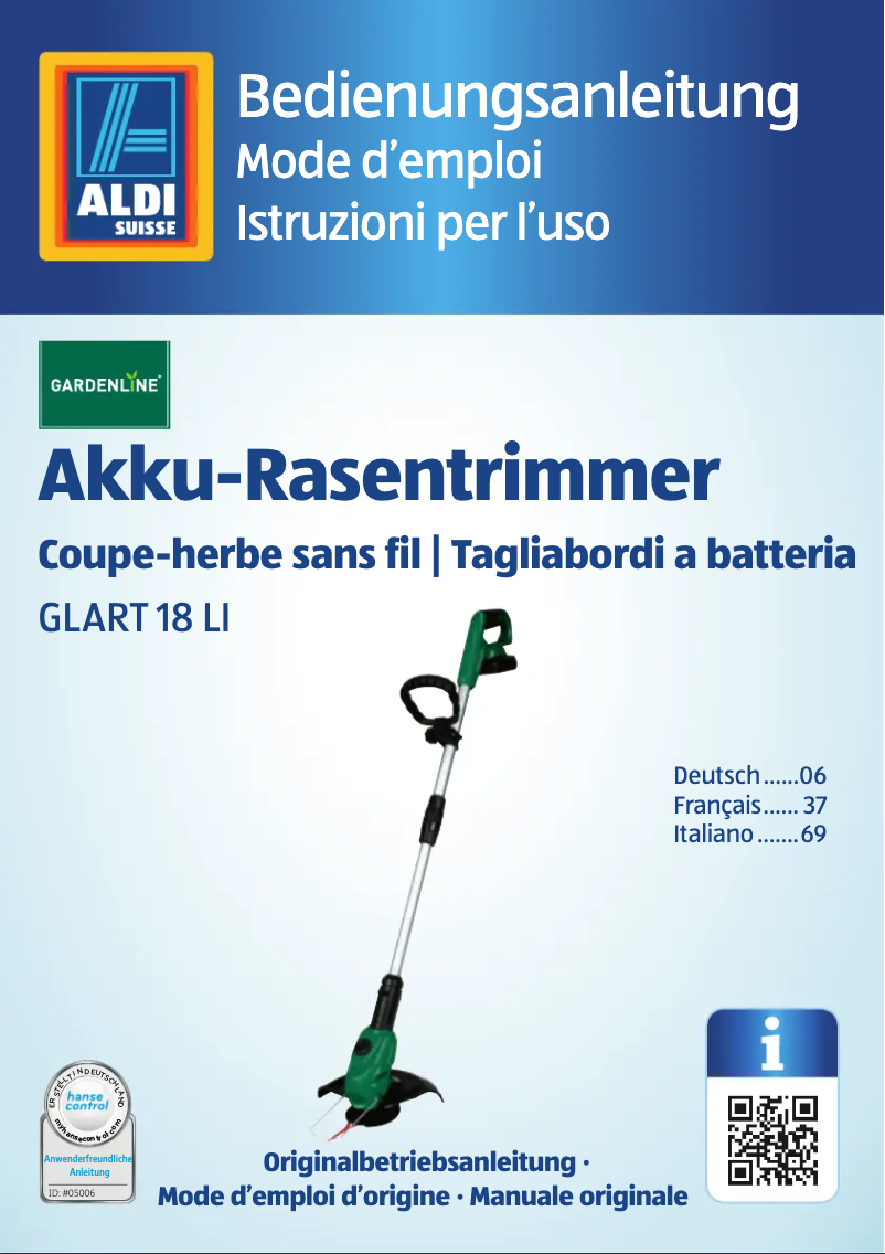 Page 1 de la notice Manuel utilisateur Gardenline GLART 18 Li