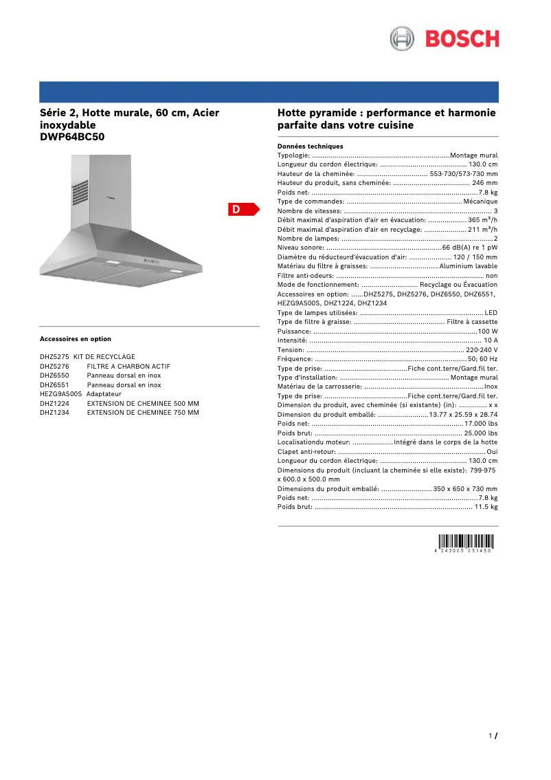 Página 1 del manual Ficha técnica Bosch DWP64BC50