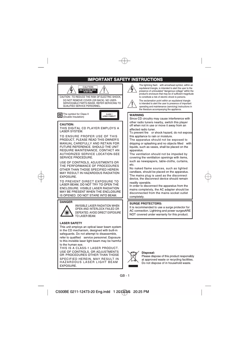 Page 1 de la notice Manuel utilisateur Soundmaster C500BE