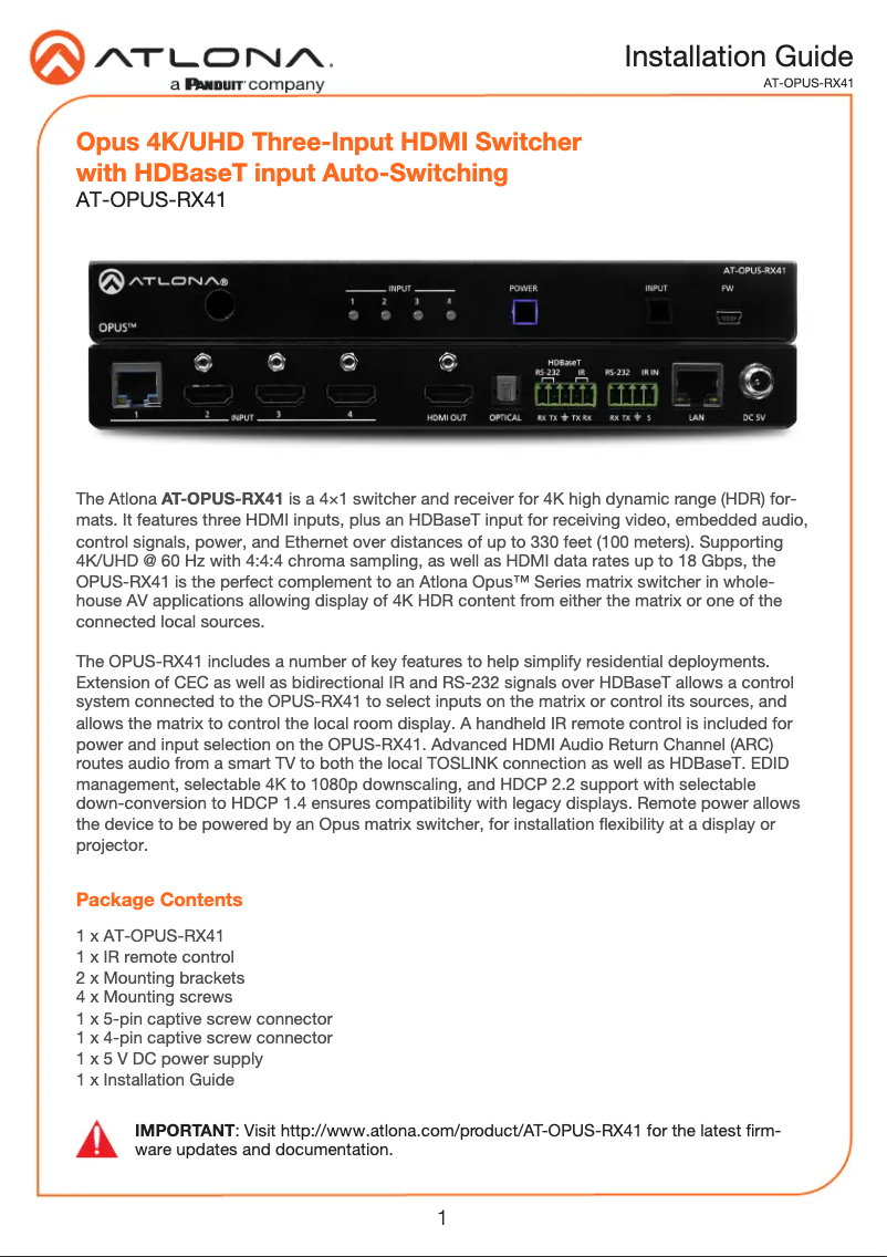 Page 1 de la notice Guide d'installation Atlona AT-OPUS-RX41