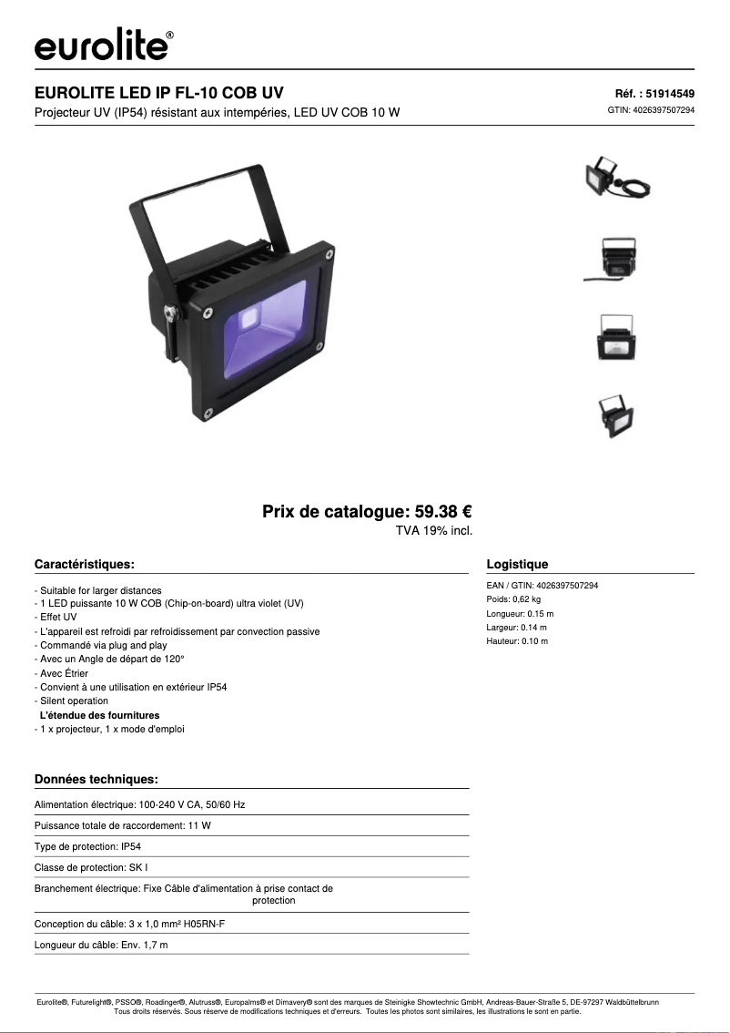 Page 1 de la notice Fiche technique Eurolite LED IP FL-10 COB UV