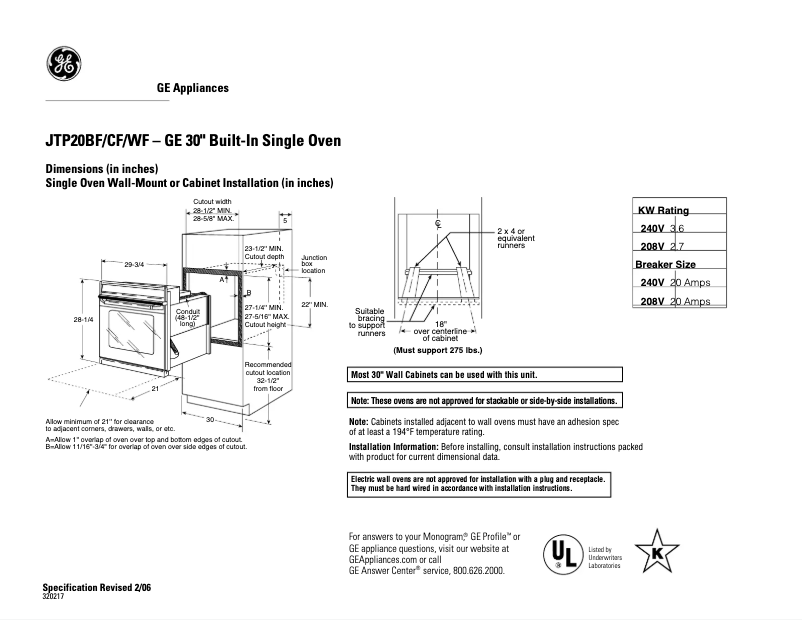 Page 1 de la notice Fiche technique GE JTP20CFCC