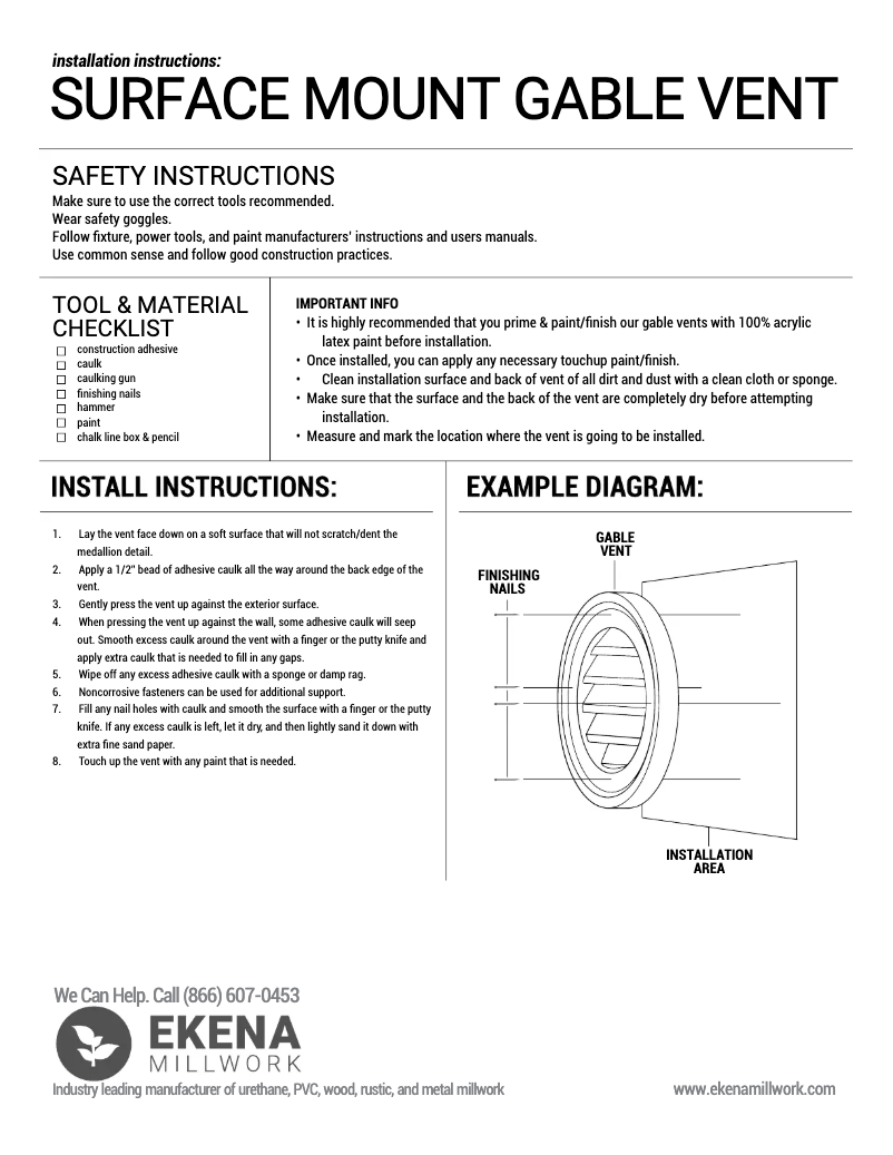 Page 1 de la notice Guide d'installation Ekena Millwork Surface Mount PVC Gable Vent