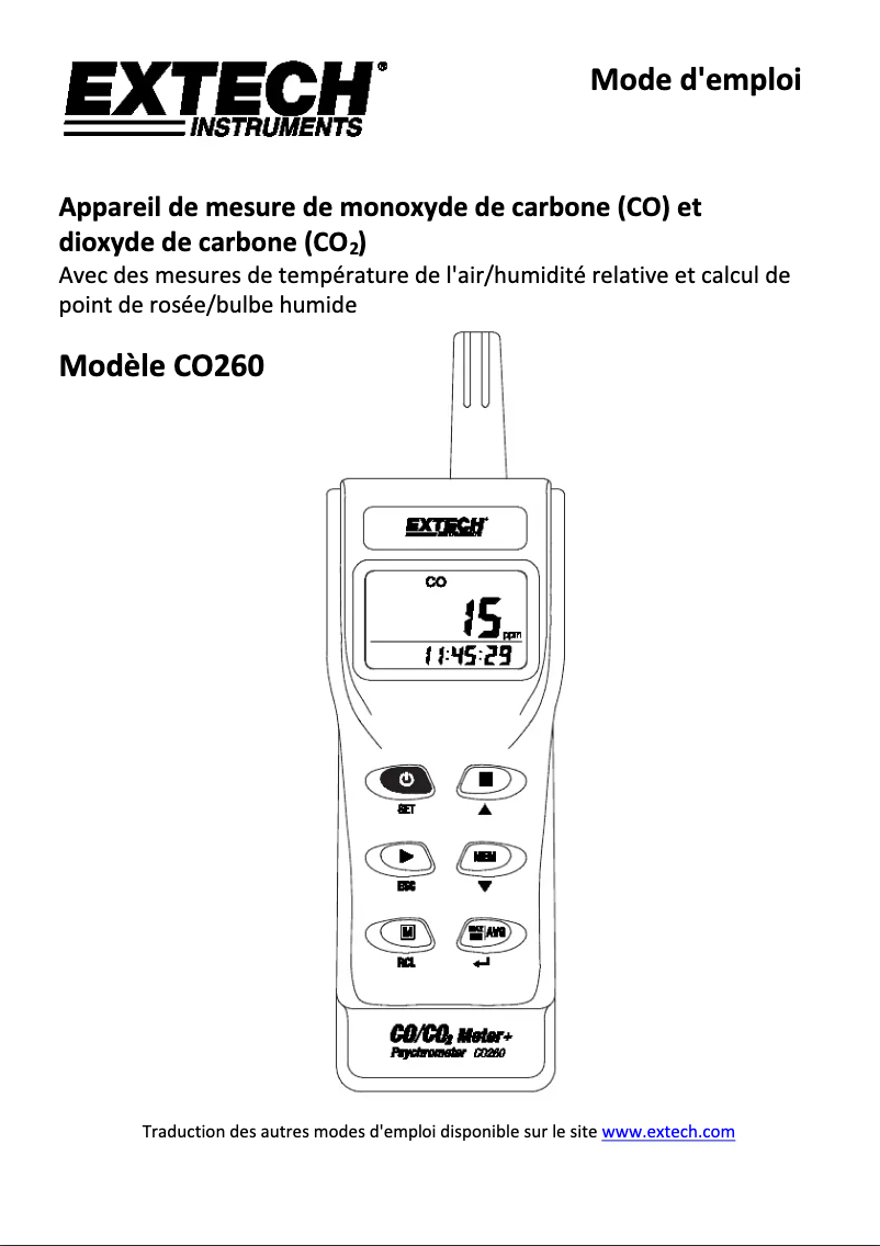 Page 1 de la notice Manuel utilisateur Extech CO260