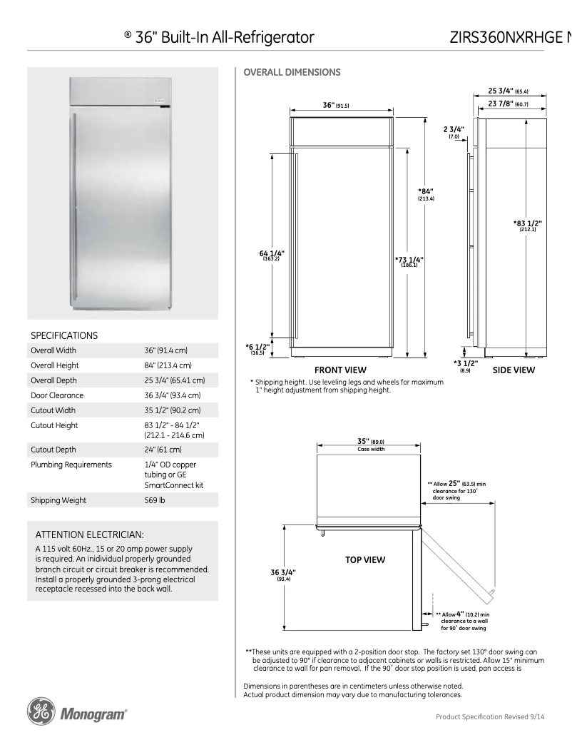 Página 1 del manual Ficha técnica GE ZIRS360NXRH