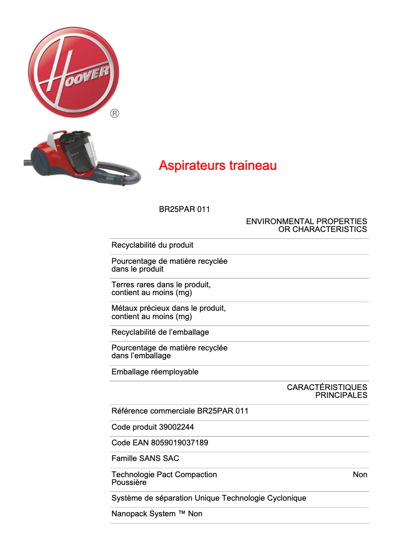 Page n°1 - Fiche technique Hoover BR25PAR 011