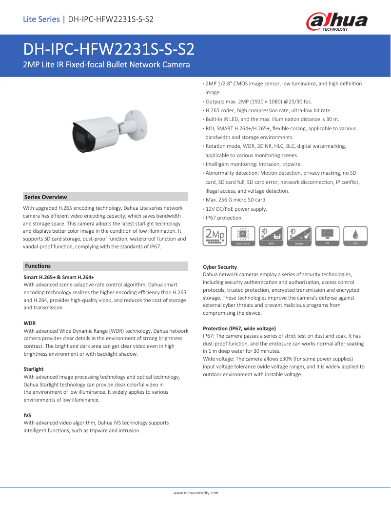Page 1 de la notice Fiche technique Dahua Technology IPC-HFW2231S-S-S2
