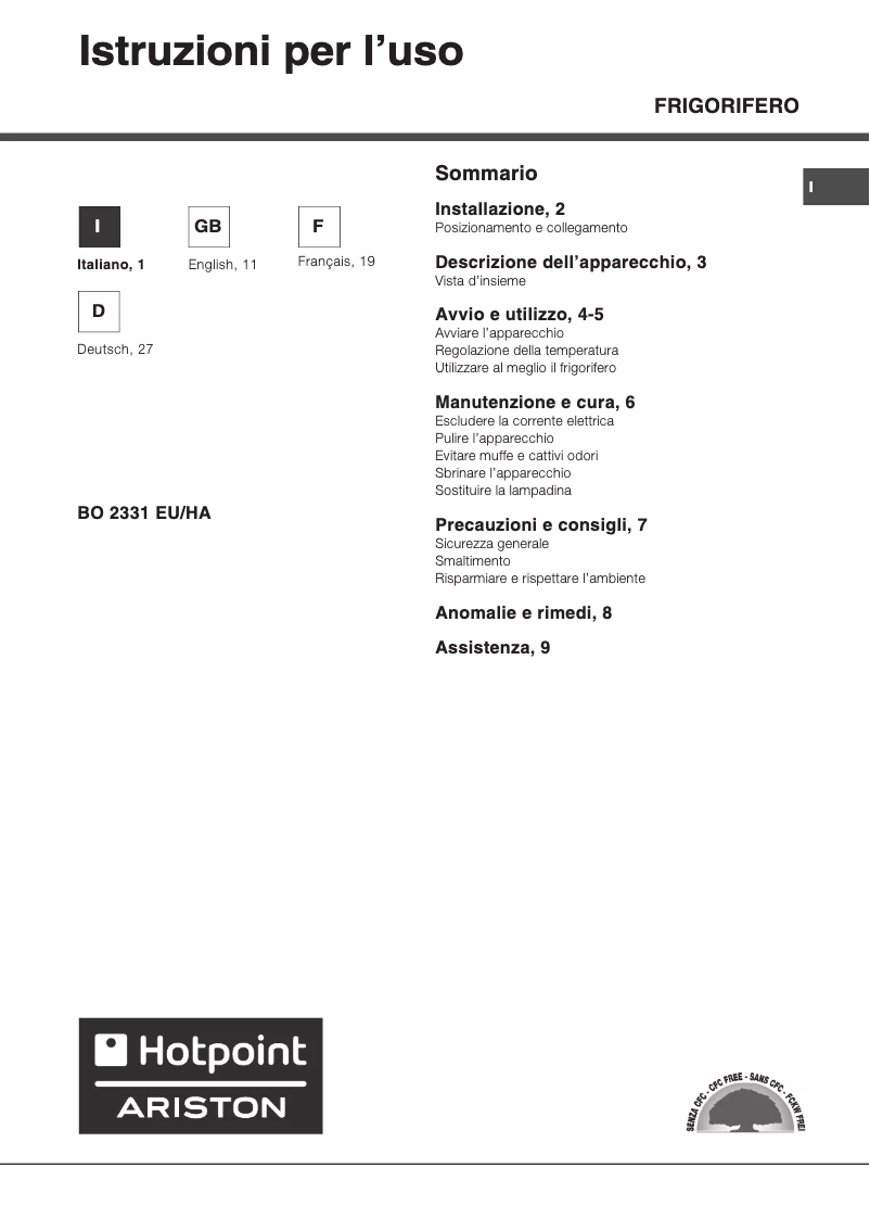 Page 1 de la notice Manuel utilisateur Hotpoint Ariston BO 2331 EU HA